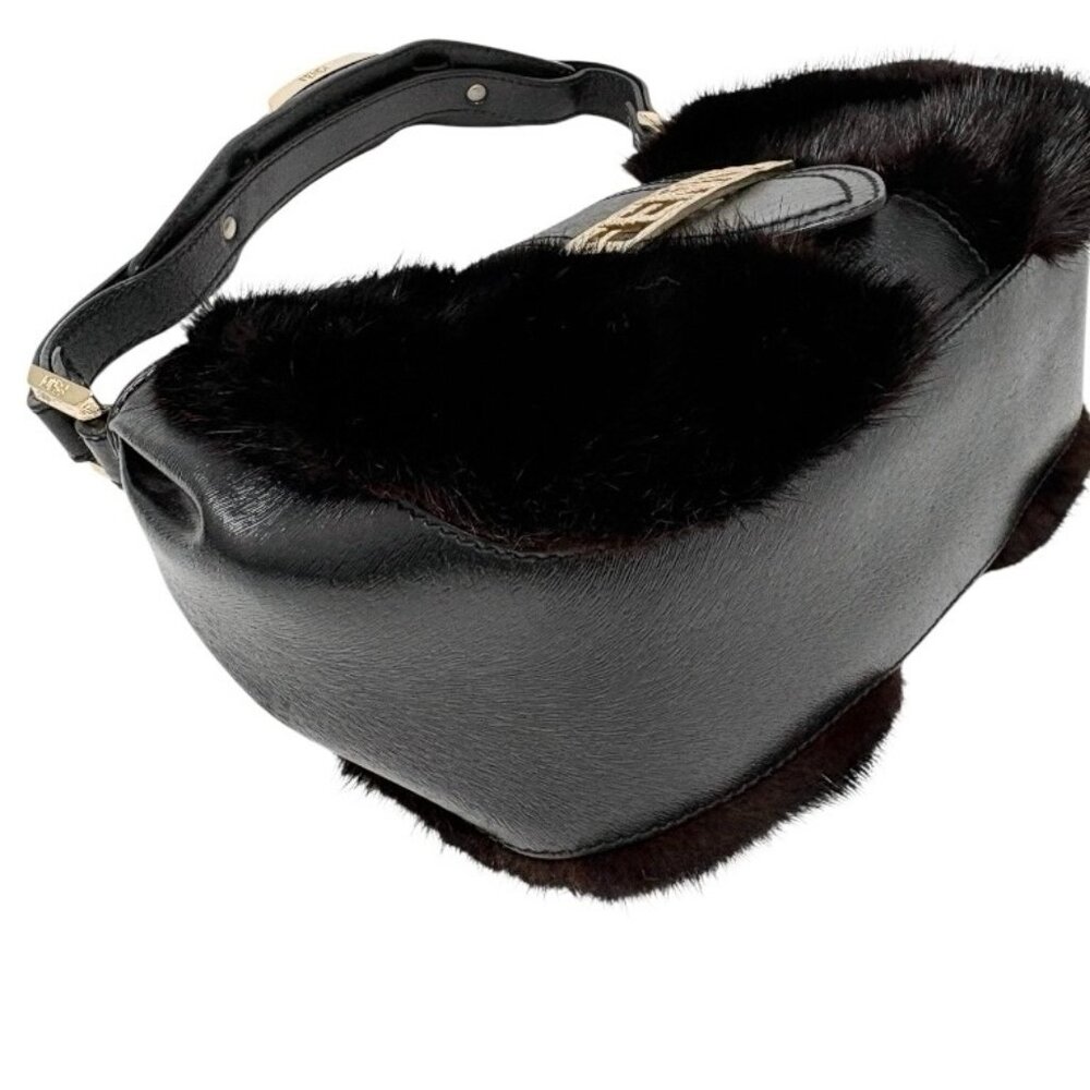 FENDI Vintage Logo Fur Baguette Mini Shoulder Bag Handbag Black Gold [106345] - Picture 7 of 13